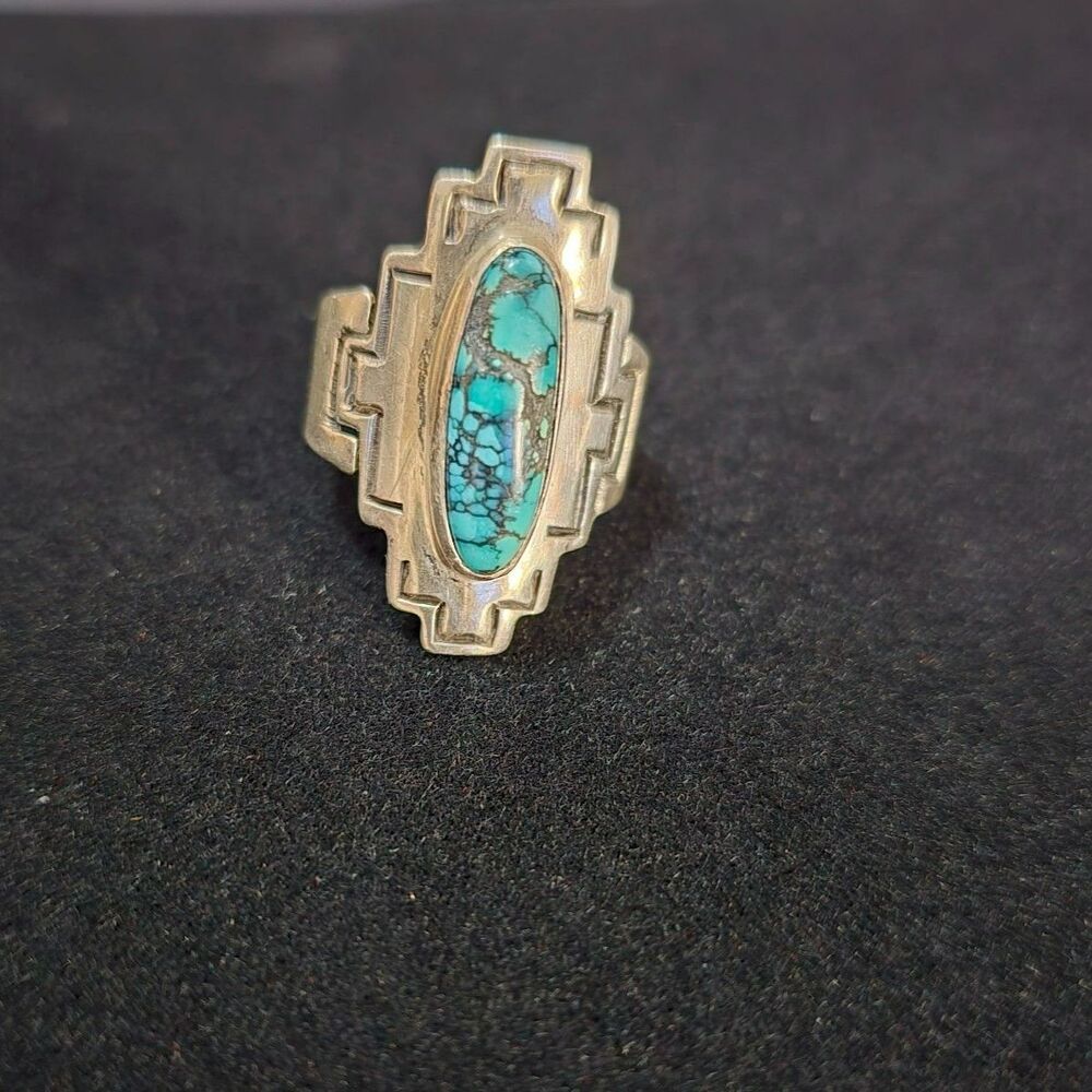 Navajo Ring Sterling Silver with Natural Kingman Turquoise Marked DALV